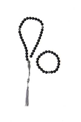 Sertifikalı Shungite 925 Ayar Gümüş 8 mm İmameli Tesbih & Bileklik Seti - Osmanlı Doğal Taş