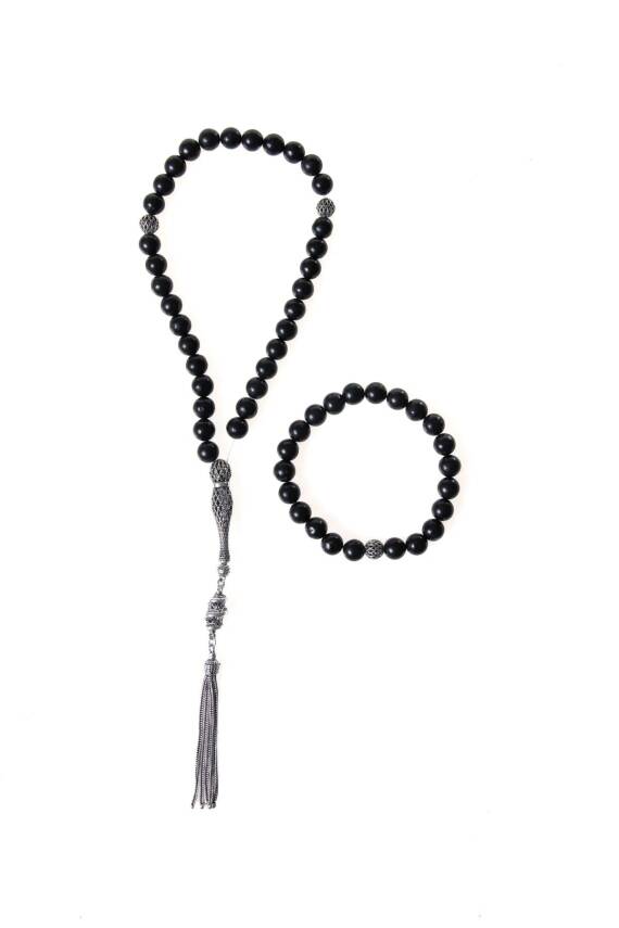 Sertifikalı Shungite 925 Ayar Gümüş 8 mm İmameli Tesbih & Bileklik Seti - 1