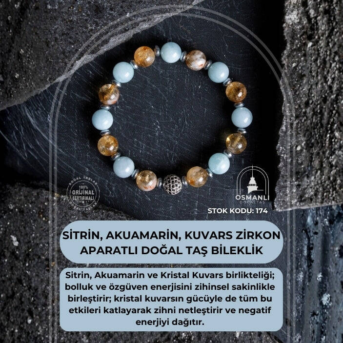 Sertifikalı Sitrin, Akuamarin, Kuvars Zirkon Aparatlı Doğal Taş Bileklik (SK:174) - 2