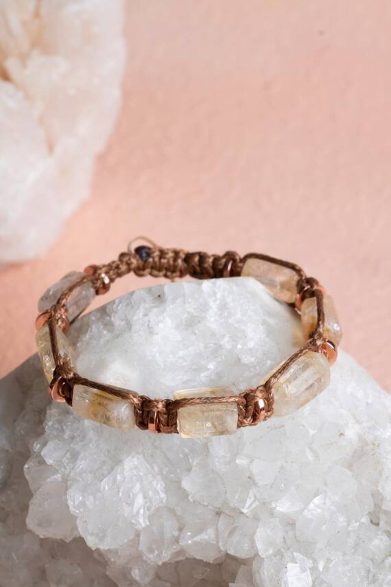 Sertifikalı Sitrin, Hematit Doğal Taş Makrome Bileklik - 3