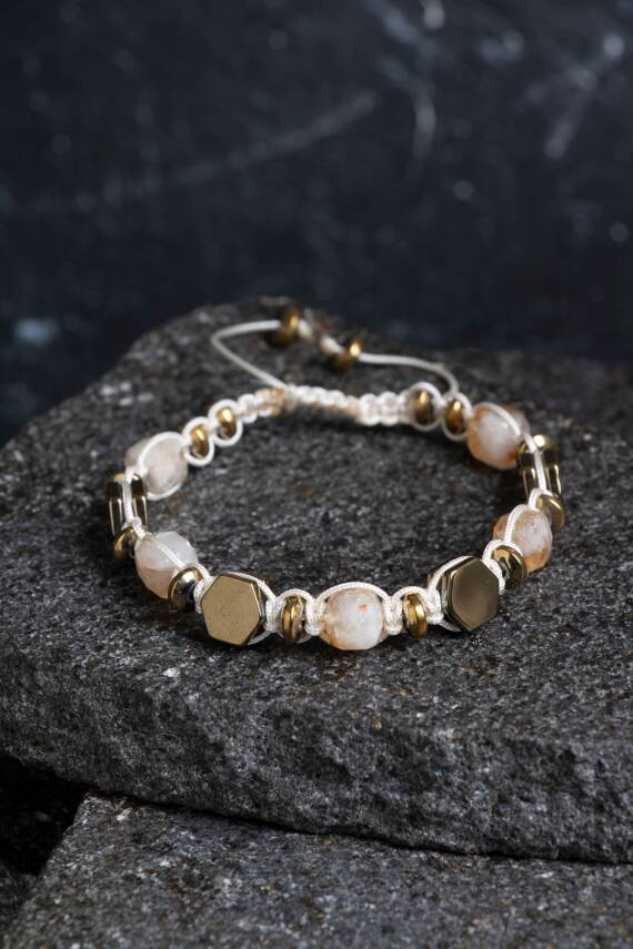 Sertifikalı Sitrin, Hematit Doğal Taş Makrome Bileklik (SK:358) - 1