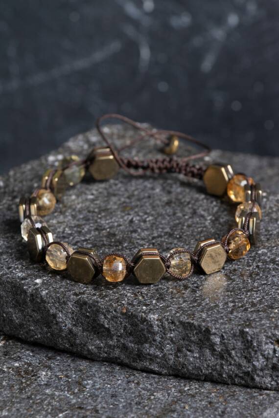 Sertifikalı Sitrin, Hematit Doğal Taş Makrome Bileklik (SK:363) - 1