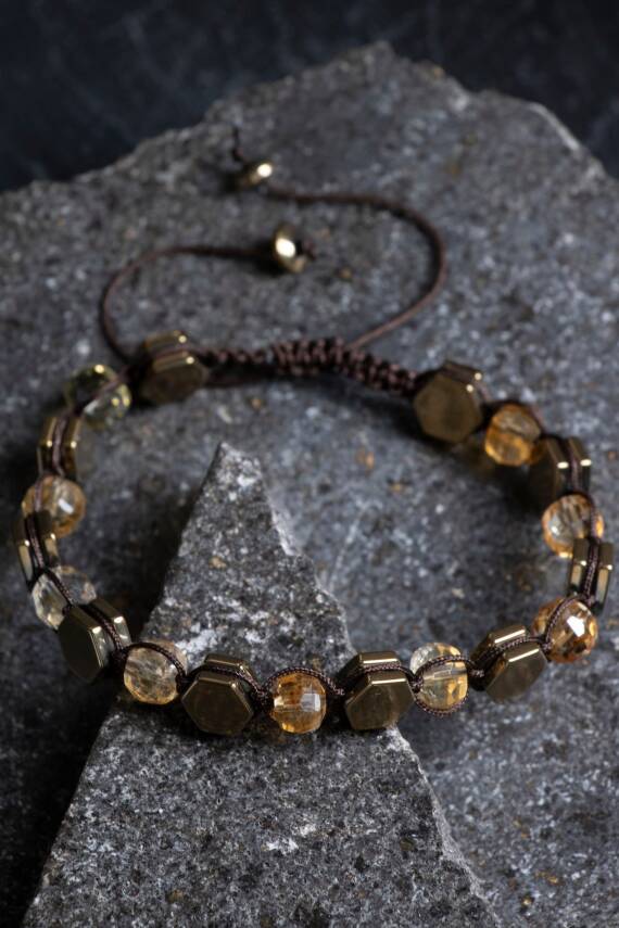 Sertifikalı Sitrin, Hematit Doğal Taş Makrome Bileklik (SK:363) - 4