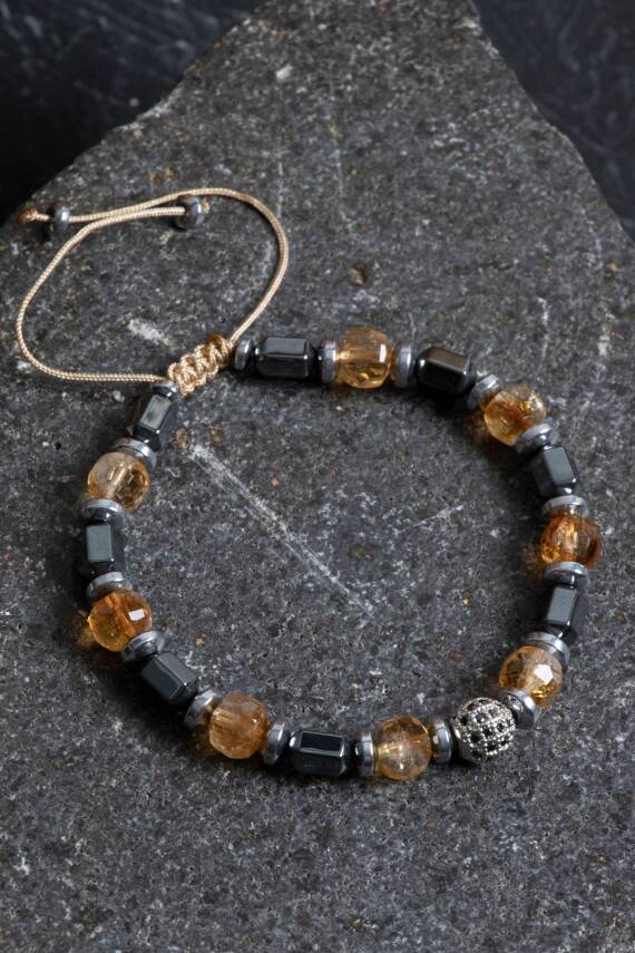 Sertifikalı Sitrin, Hematit Fasetli Doğal Taş Makrome Bileklik - 1