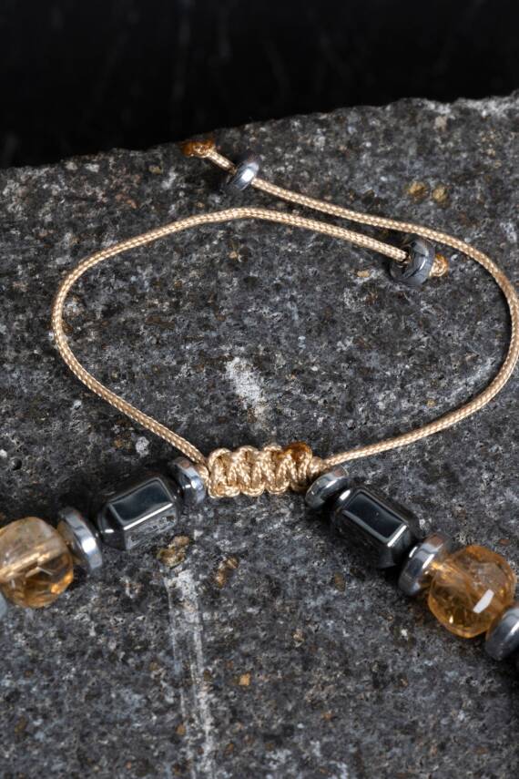 Sertifikalı Sitrin, Hematit Fasetli Doğal Taş Makrome Bileklik - 4