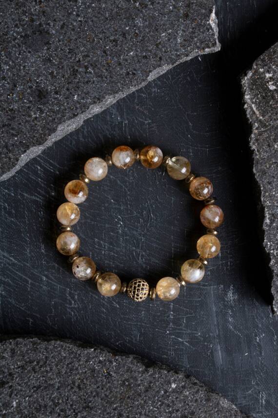 Sertifikalı Sitrin, Hematit Zirkon Aparatlı Doğal Taş Bileklik-10 mm (SK:176) - 1