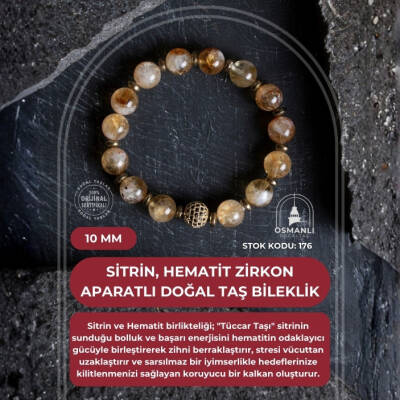 Sertifikalı Sitrin, Hematit Zirkon Aparatlı Doğal Taş Bileklik-10 mm (SK:176) - 2