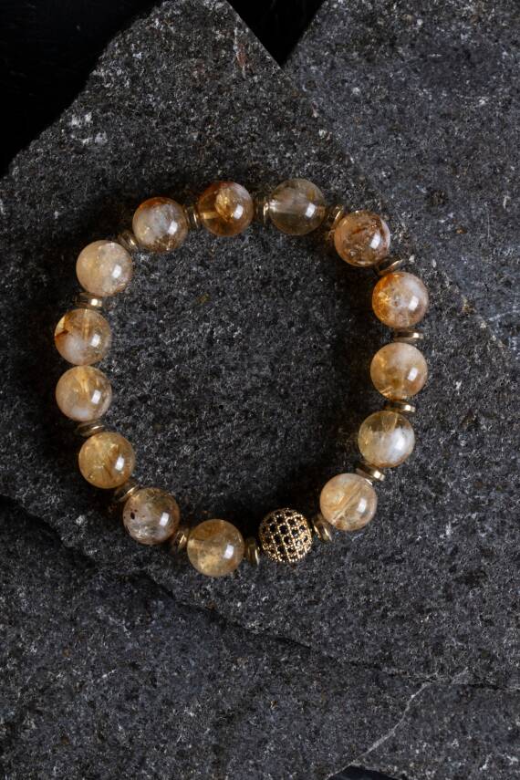 Sertifikalı Sitrin, Hematit Zirkon Aparatlı Doğal Taş Bileklik-10 mm (SK:176) - 4