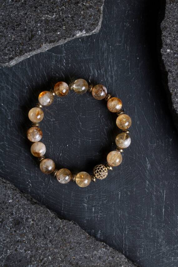 Sertifikalı Sitrin, Hematit Zirkon Aparatlı Doğal Taş Bileklik-10 mm (SK:176) - 5