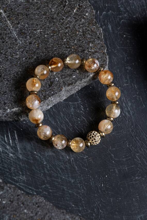 Sertifikalı Sitrin, Hematit Zirkon Aparatlı Doğal Taş Bileklik-10 mm (SK:176) - 6