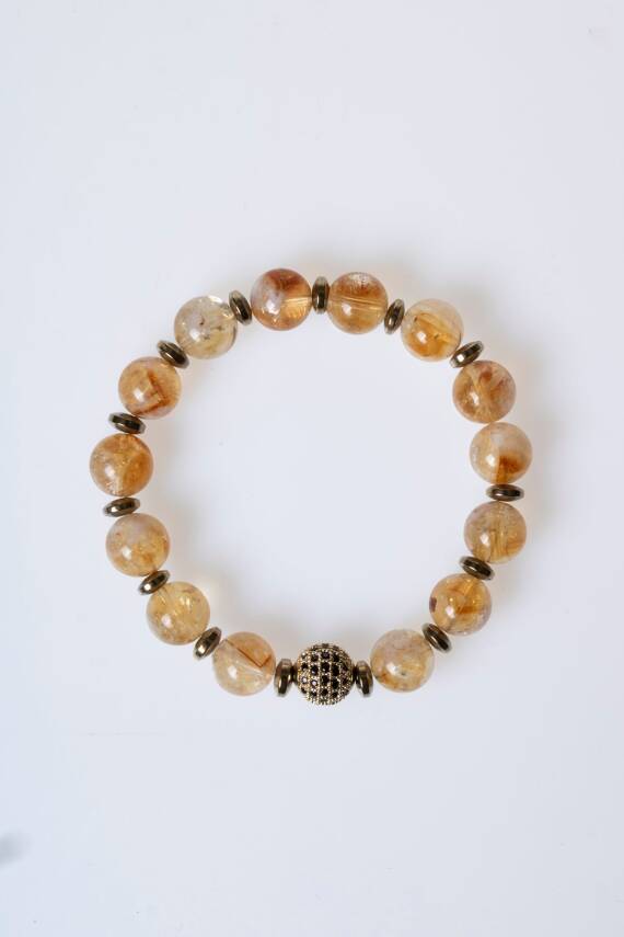 Sertifikalı Sitrin, Hematit Zirkon Aparatlı Doğal Taş Bileklik-10 mm (SK:176) - 7