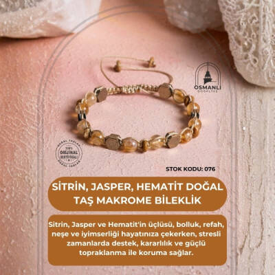 Sertifikalı Sitrin, Jasper, Hematit, Doğal Taş Makrome Bileklik (SK:076) - 2
