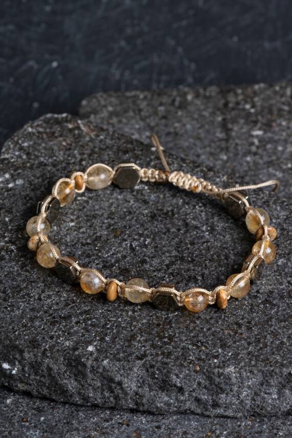 Sertifikalı Sitrin, Jasper, Hematit Doğal Taş Makrome Bileklik (SK:155) - 1