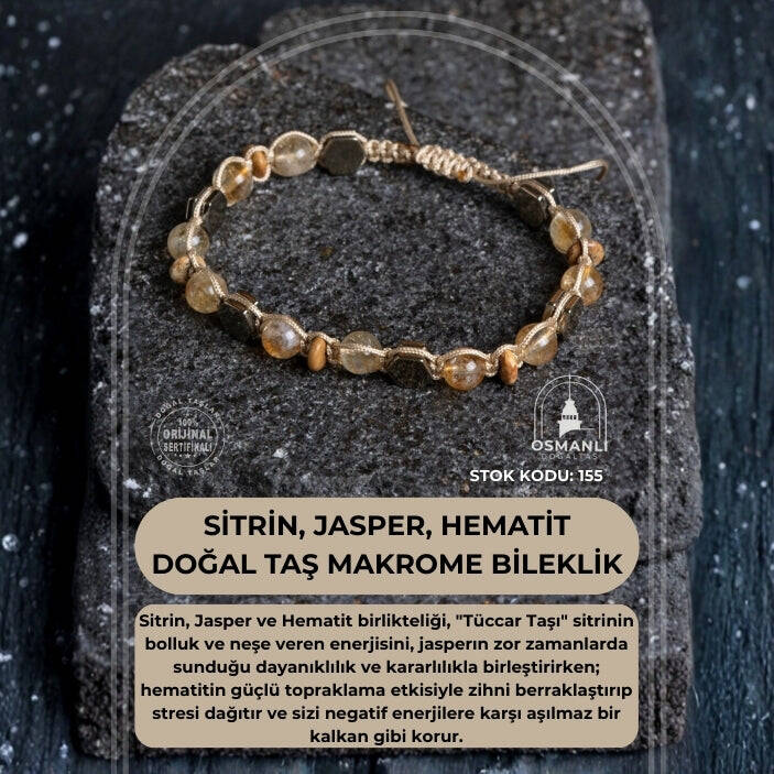 Sertifikalı Sitrin, Jasper, Hematit Doğal Taş Makrome Bileklik (SK:155) - 2
