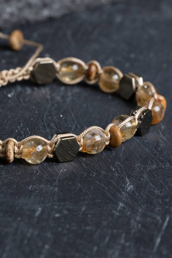 Sertifikalı Sitrin, Jasper, Hematit Doğal Taş Makrome Bileklik (SK:155) - 4