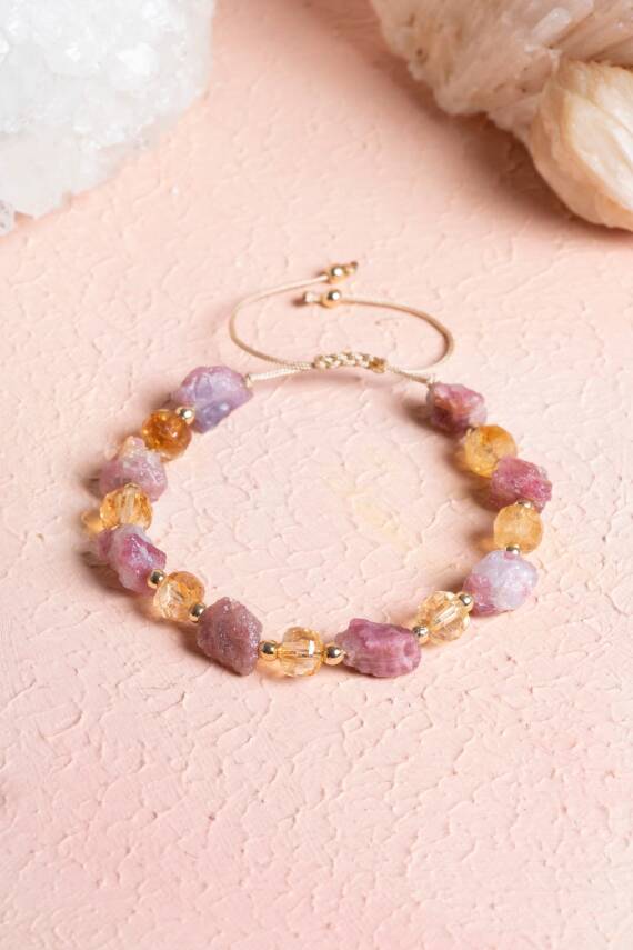 Sertifikalı Sitrin, Turmalin Doğal Taş Makrome Bileklik (SK:238) - 1