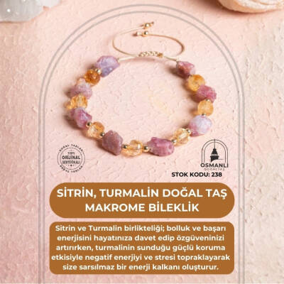 Sertifikalı Sitrin, Turmalin Doğal Taş Makrome Bileklik (SK:238) - 2