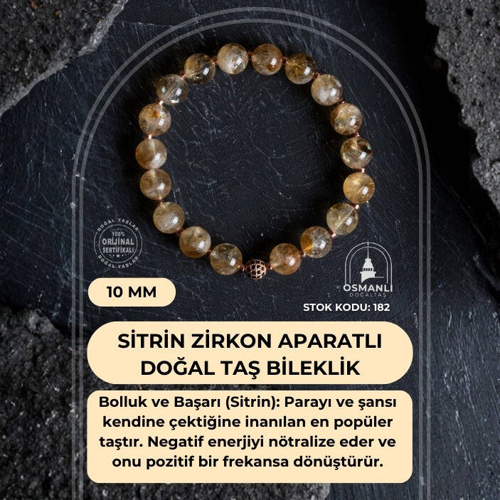 Sertifikalı Sitrin Zirkon Aparatlı Doğal Taş Bileklik-10 mm (SK:182) - 2