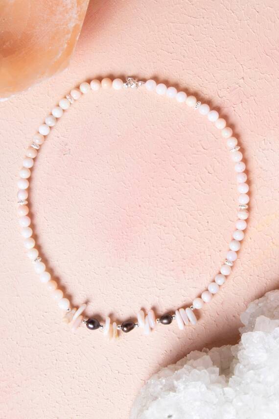 Sertifikalı Siyah İnci, Pembe Opal Doğal Taş Kolye (SK:244) - 1