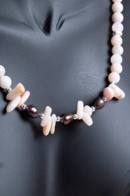 Sertifikalı Siyah İnci, Pembe Opal Doğal Taş Kolye (SK:244) - 5