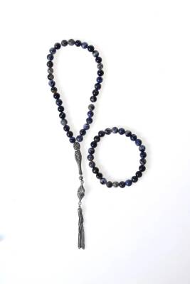 Sertifikalı Sodalit 925 Ayar Gümüş 8 mm İmameli Tesbih & Bileklik Seti - Osmanlı Doğal Taş