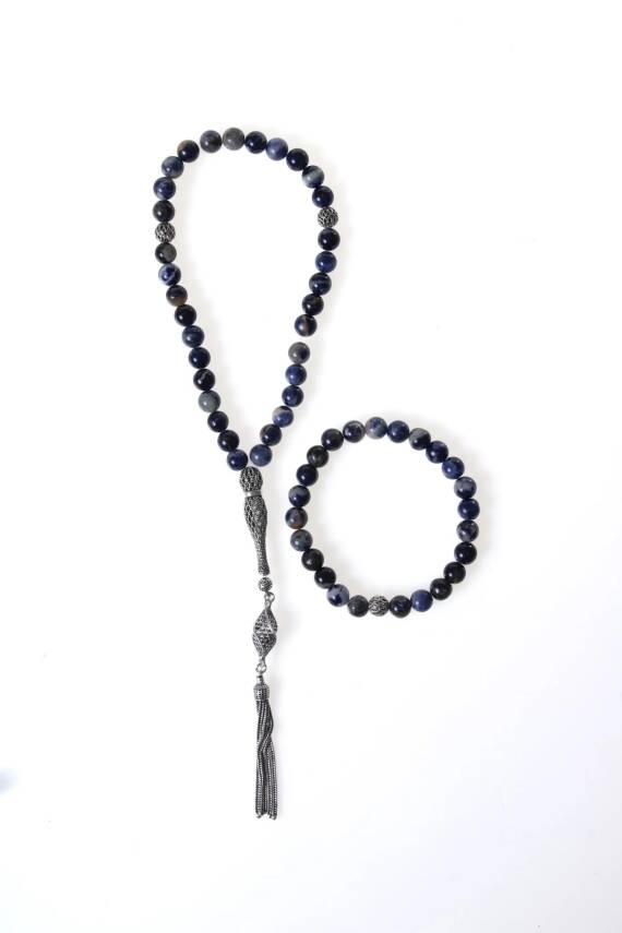 Sertifikalı Sodalit 925 Ayar Gümüş 8 mm İmameli Tesbih & Bileklik Seti - 1