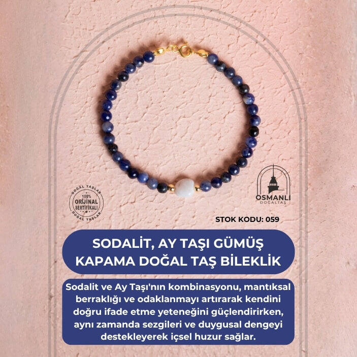 Sertifikalı Sodalit, Ay Taşı Gümüş Kapama Doğal Taş Bileklik (SK:059) - 2