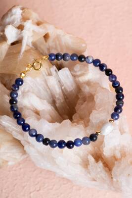 Sertifikalı Sodalit, Ay Taşı Gümüş Kapama Doğal Taş Bileklik (SK:059) - 4