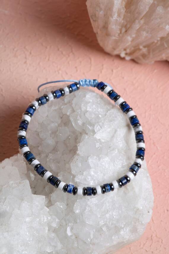 Sertifikalı Sodalit, Havlit, Hematit Doğal Taş Makrome Bileklik (SK:389) - 3