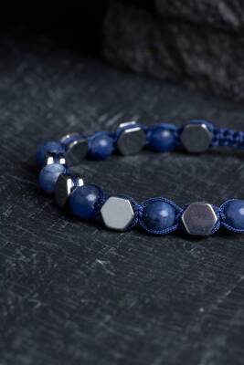 Sertifikalı Sodalit, Hematit Doğal Taş Makrome Bileklik - 2