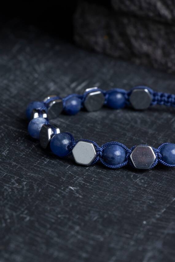 Sertifikalı Sodalit, Hematit Doğal Taş Makrome Bileklik - 2