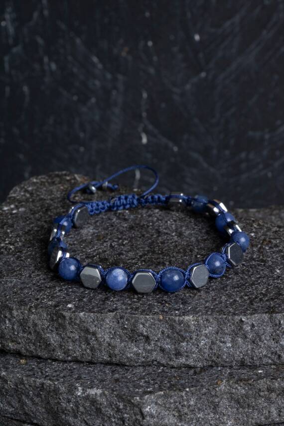 Sertifikalı Sodalit, Hematit Doğal Taş Makrome Bileklik - 3