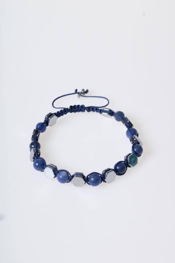 Sertifikalı Sodalit, Hematit Doğal Taş Makrome Bileklik - 5