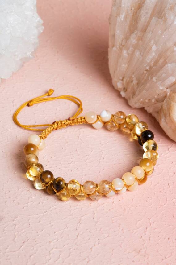 Sertifikalı Solar Plexus Çakrası Çift Sıra Doğal Taş Makrome Bileklik - 1