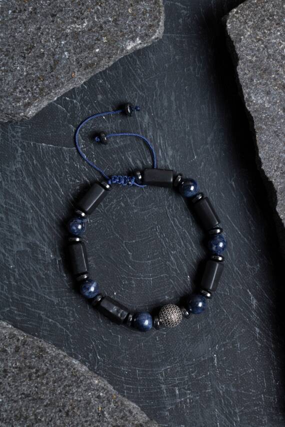 Sertifikalı Şungit, Safir Hematit Gümüş Aparatlı Doğal Taş Bileklik - 1