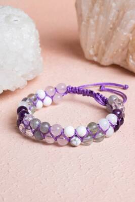 Sertifikalı Taç Çakra Çift Sıra Doğal Taş Makrome Bileklik - 2