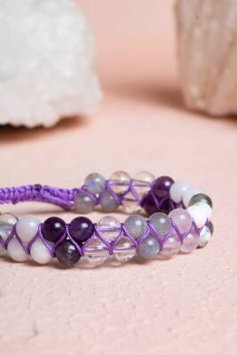 Sertifikalı Taç Çakra Çift Sıra Doğal Taş Makrome Bileklik - 3