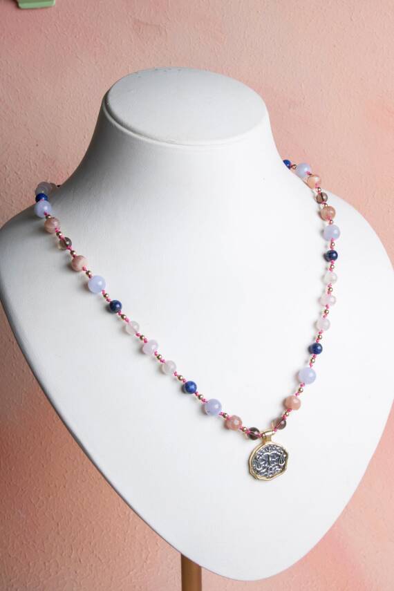 Sertifikalı Terazi Burcu Doğal Taş Makrome Kolye - 1