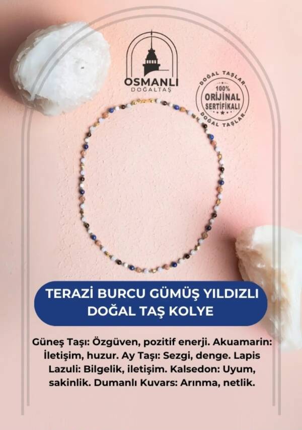 Sertifikalı Terazi Burcu Gümüş Yıldızlı Doğal Taş Kolye - 2