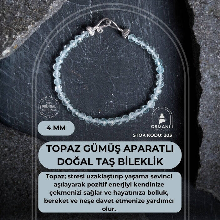 Sertifikalı Topaz Gümüş Aparatlı Doğal Taş Bileklik 4 mm (SK:203) - 2