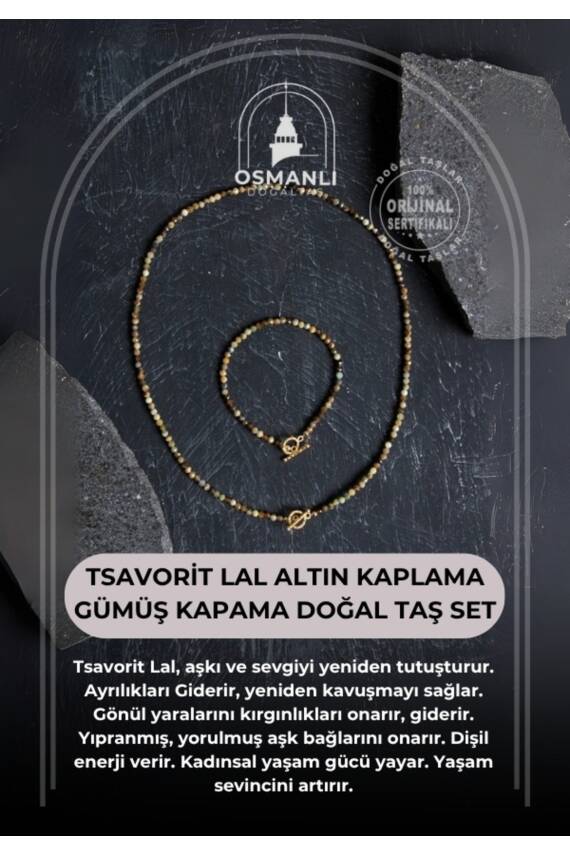 Sertifikalı Tsavorit Lal Altın Kaplama Gümüş Kapama Doğal Taş Set - 1