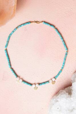 Sertifikalı Turkuaz, Ay Taşı Gümüş Aparatlı Doğal Taş Kolye (SK:246) - Osmanlı Doğal Taş