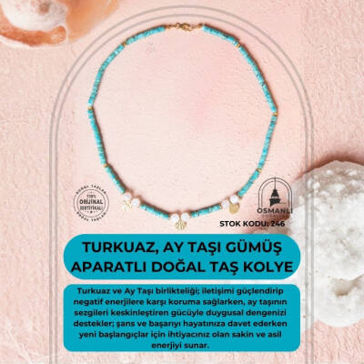 Sertifikalı Turkuaz, Ay Taşı Gümüş Aparatlı Doğal Taş Kolye (SK:246) - 2