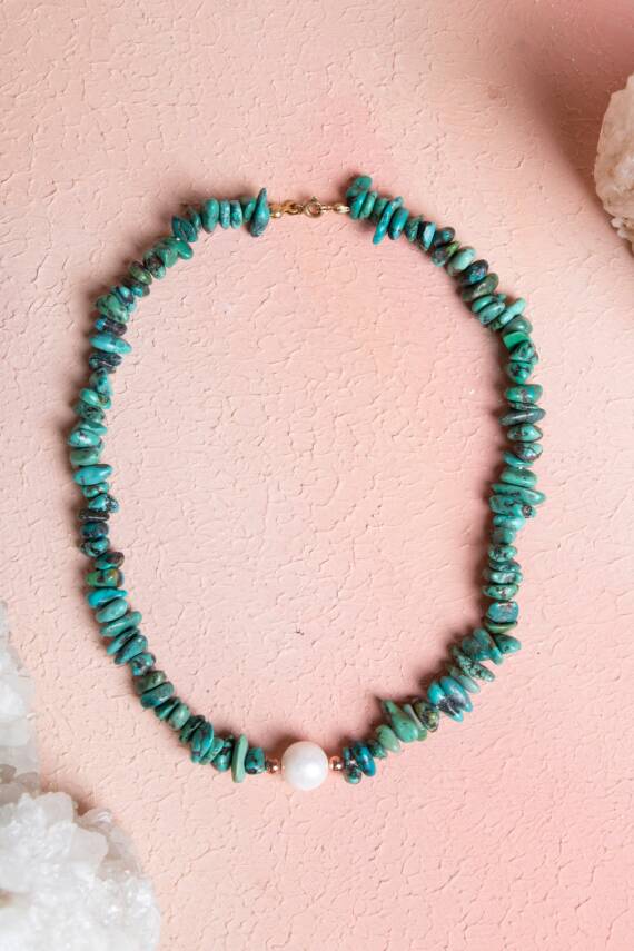 Sertifikalı Turkuaz (Firuze) - İnci Gümüş Kapama Kolye S.K:035 - 1