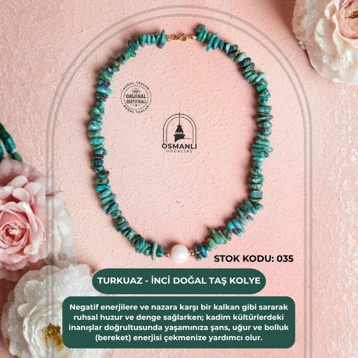 Sertifikalı Turkuaz (Firuze) - İnci Gümüş Kapama Kolye S.K:035 - 2