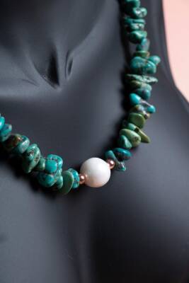 Sertifikalı Turkuaz (Firuze) - İnci Gümüş Kapama Kolye S.K:035 - 4