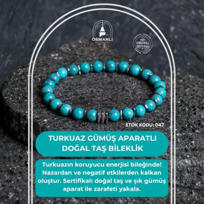 Sertifikalı Turkuaz Gümüş Aparatlı Doğal Taş Bileklik 039 - 2