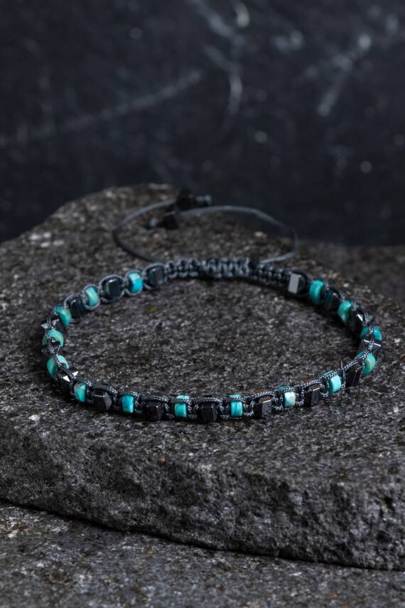 Sertifikalı Turkuaz, Hematit Doğal Taş Makrome Bileklik (SK:359) - 1