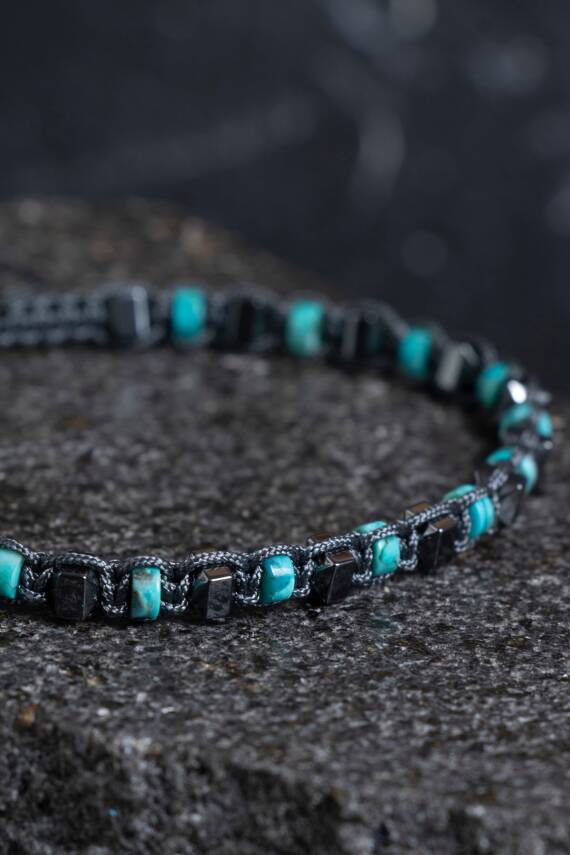 Sertifikalı Turkuaz, Hematit Doğal Taş Makrome Bileklik (SK:359) - 2