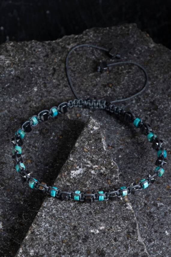 Sertifikalı Turkuaz, Hematit Doğal Taş Makrome Bileklik (SK:359) - 4